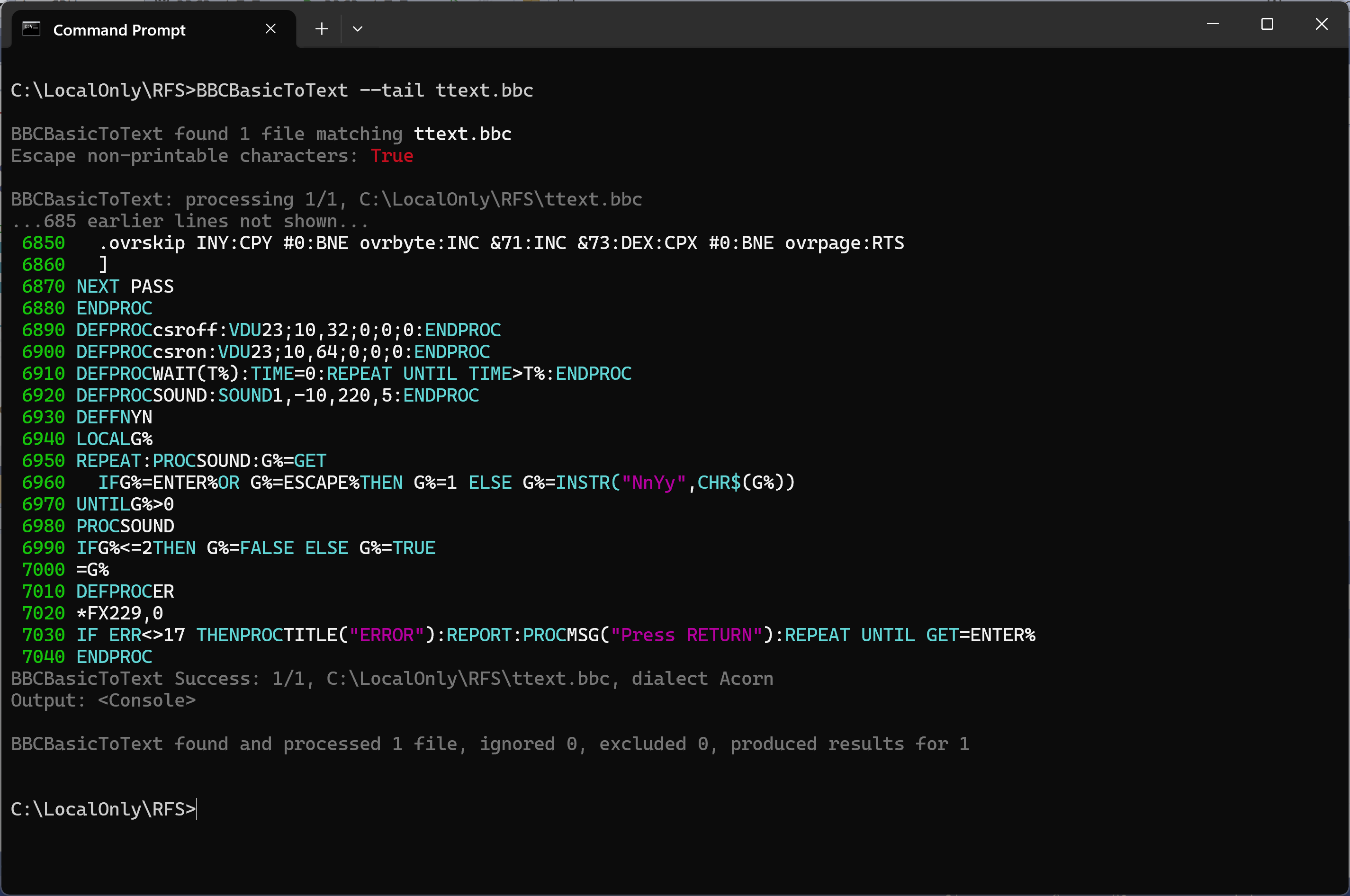 BBCBasicToText showing only the last twenty lines of a BASIC program